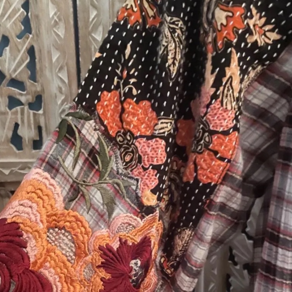 Free People Coast to Coast Floral Plaid Embroidered Top A615-2 - Picture 5 of 5